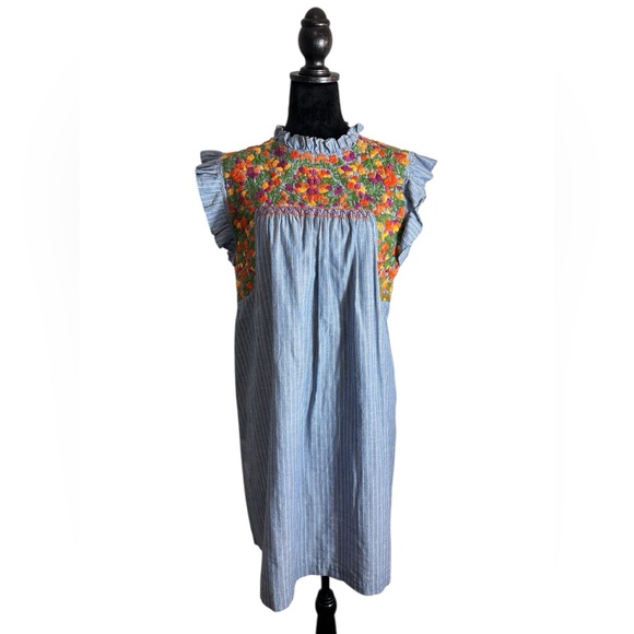 Sister Mary Blue Stripe Embroidered Floral Mini Dress Size Small -  mordernwear.com